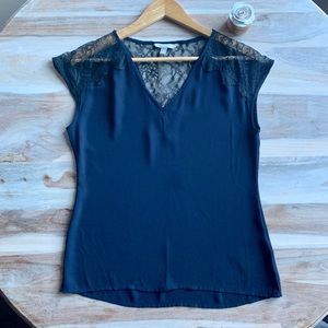 Banana Republic Navy and Lace Cap Sleeve Blouse
